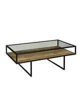 Iron Coffee Table with Glass Top and Wooden Shelf