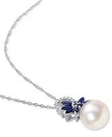 Cultured Freshwater Pearl (9-1/2mm), Sapphire (3/4 ct. t.w.), & Diamond (1/20 ct. t.w.) 17" Pendant Necklace in 14k White Gold