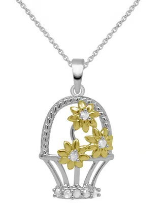 Diamond Flower Basket 18" Pendant Necklace (1/10 ct. t.w.) in Sterling Silver & 14k Gold-Plate - Sterling Silver  Gold