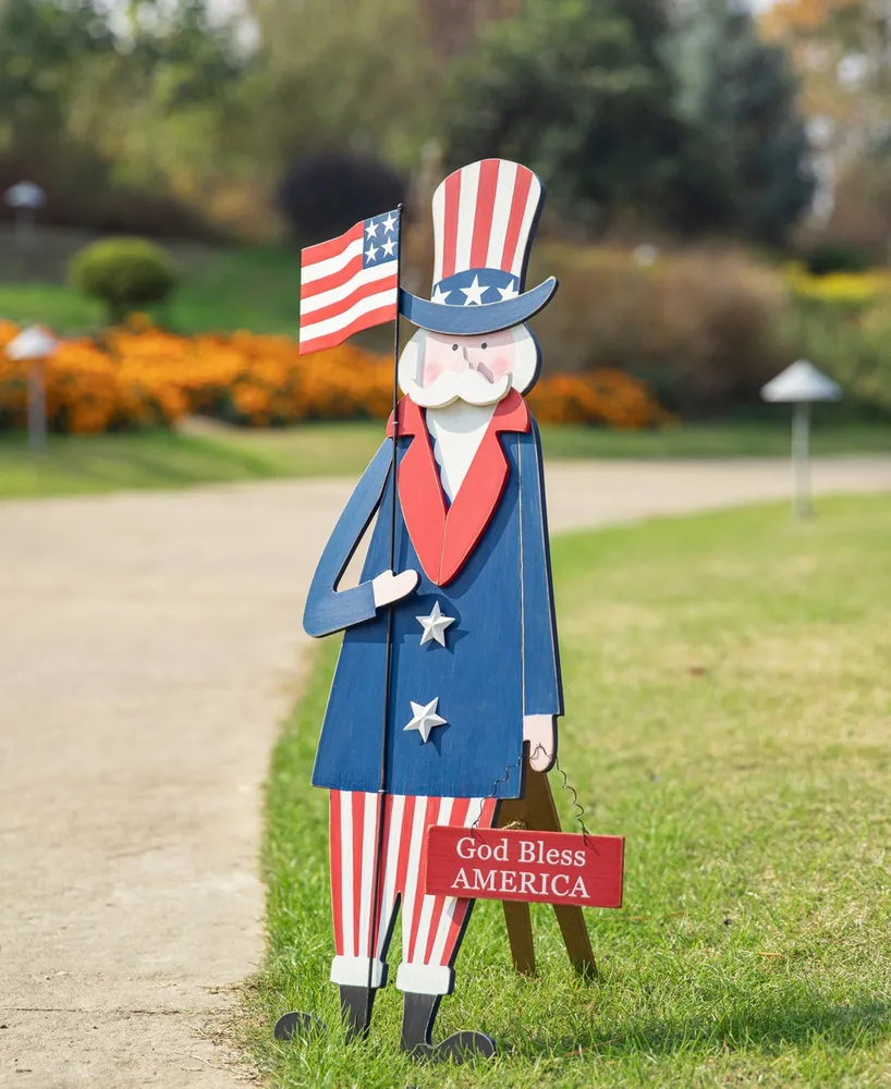 Glitzhome Wooden Patriotic Uncle Sam Yard Stake or Wall Decor or Porch Decor Kd, Three Function, 36"