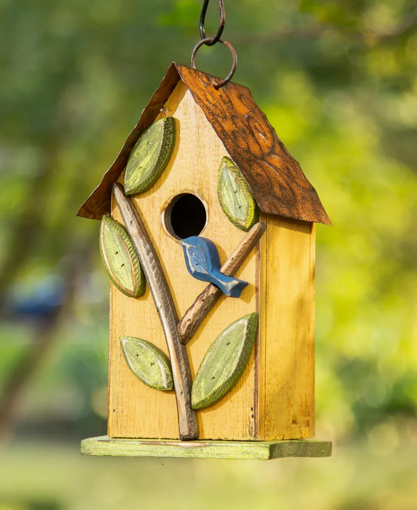 Glitzhome 9.75" Washed Birdhouse with 3D Tree and Bird