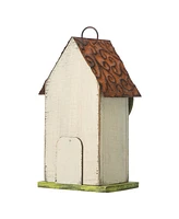 Glitzhome 9.75" Washed Birdhouse with 3D Tree and Bird