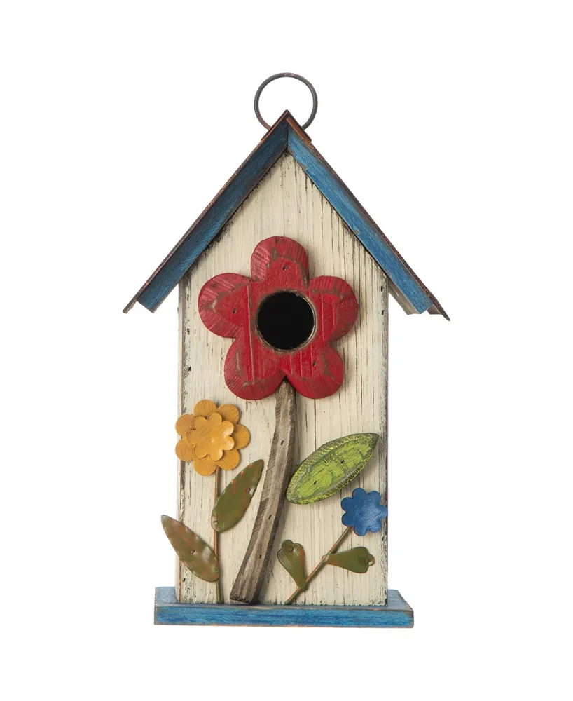 Glitzhome 10.25" Washed Birdhouse with 3D Flowers