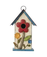 Glitzhome 10.25" Washed Birdhouse with 3D Flowers - Off