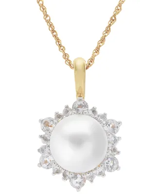 Cultured Freshwater Pearl (8mm) & White Topaz (3/4 ct. t.w.) Halo 18" Pendant Necklace in 14k Gold-Plated Sterling Silver
