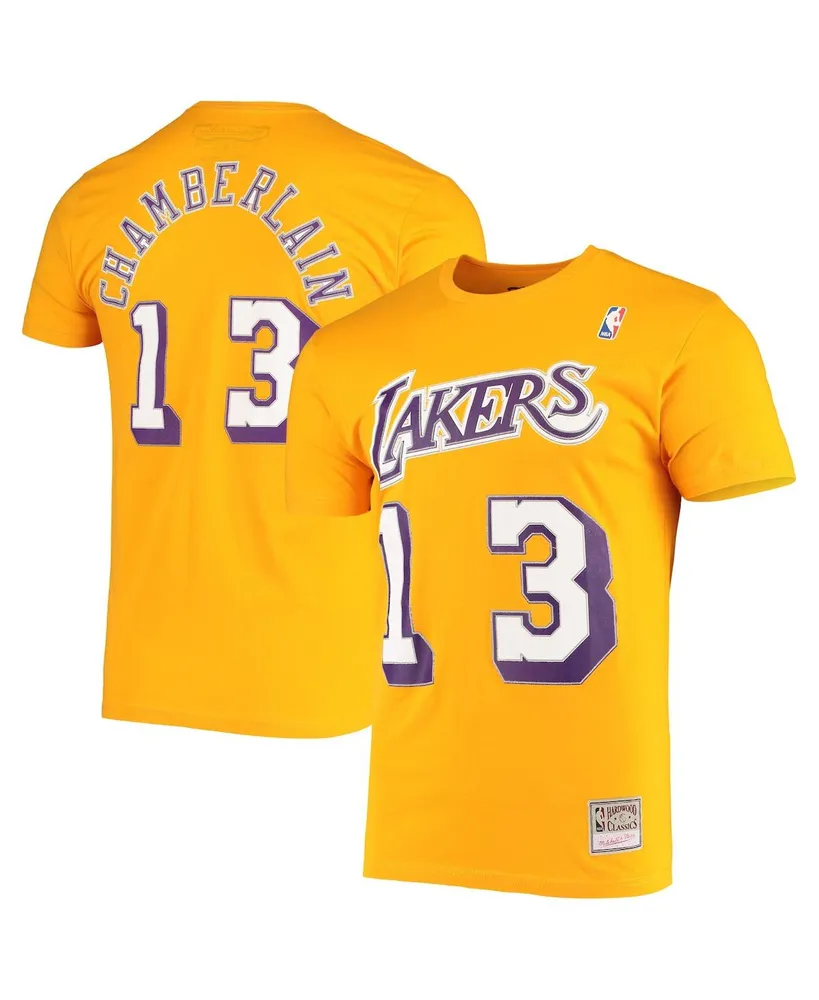 Men's Mitchell & Ness Wilt Chamberlain Gold Los Angeles Lakers Hardwood Classics Stitch Name and Number T-shirt