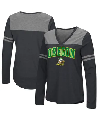 Women's Colosseum Black Oregon Ducks Core Heritage Arch Logo V-Neck Long Sleeve T-shirt