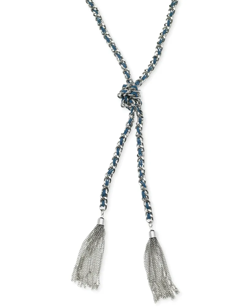 Guess Silver-Tone Woven Blue Twisted Tassel Lariat Necklace