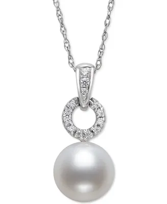 Belle de Mer Cultured Freshwater Pearl (7mm) & Diamond (1/20 ct. t.w.) Circle 18" Pendant Necklace in 14k White Gold, Created for Macy's