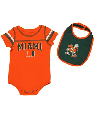 Newborn and Infant Girls Boys Orange, Green Miami Hurricanes Chocolate Bodysuit Bib Set