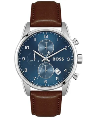 Boss Skymaster Men's Chronograph Brown Leather Strap Watch 44mm