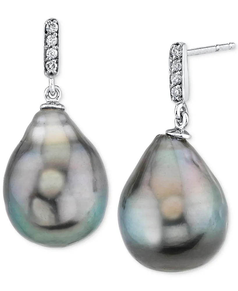Cultured Tahitian Baroque Pearl (11mm) & Diamond Accent Drop Earrings in White Gold