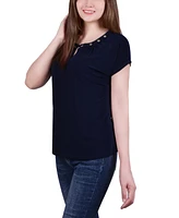 Petite Size Short Sleeve Grommet Top with Keyhole