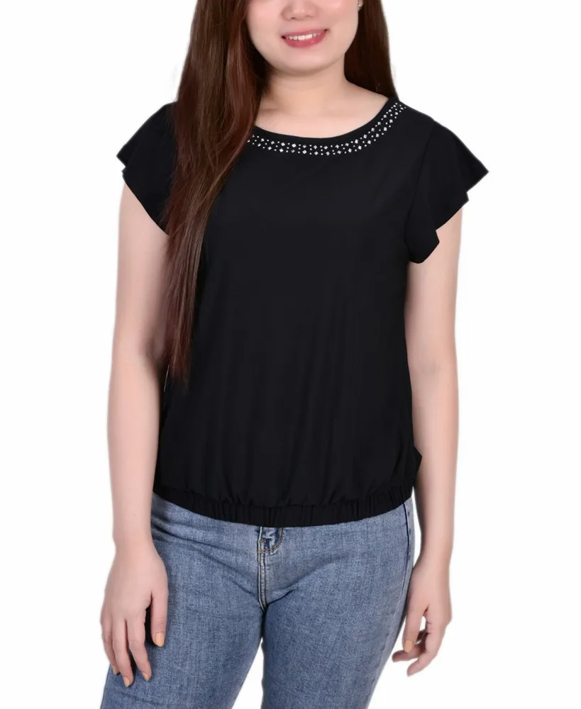 Petite Short Flutter Sleeve Top with Studded Neckline