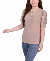 Ny Collection Petite Puff Sleeve Lace Top