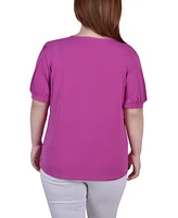 Plus Short Puff Sleeve Sheer Inset Top