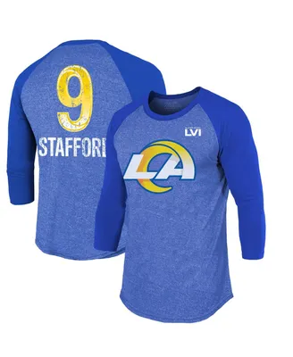 Men's Majestic Threads Matthew Stafford Royal Los Angeles Rams Super Bowl Lvi Name Number Raglan 3/4 Sleeve T-shirt