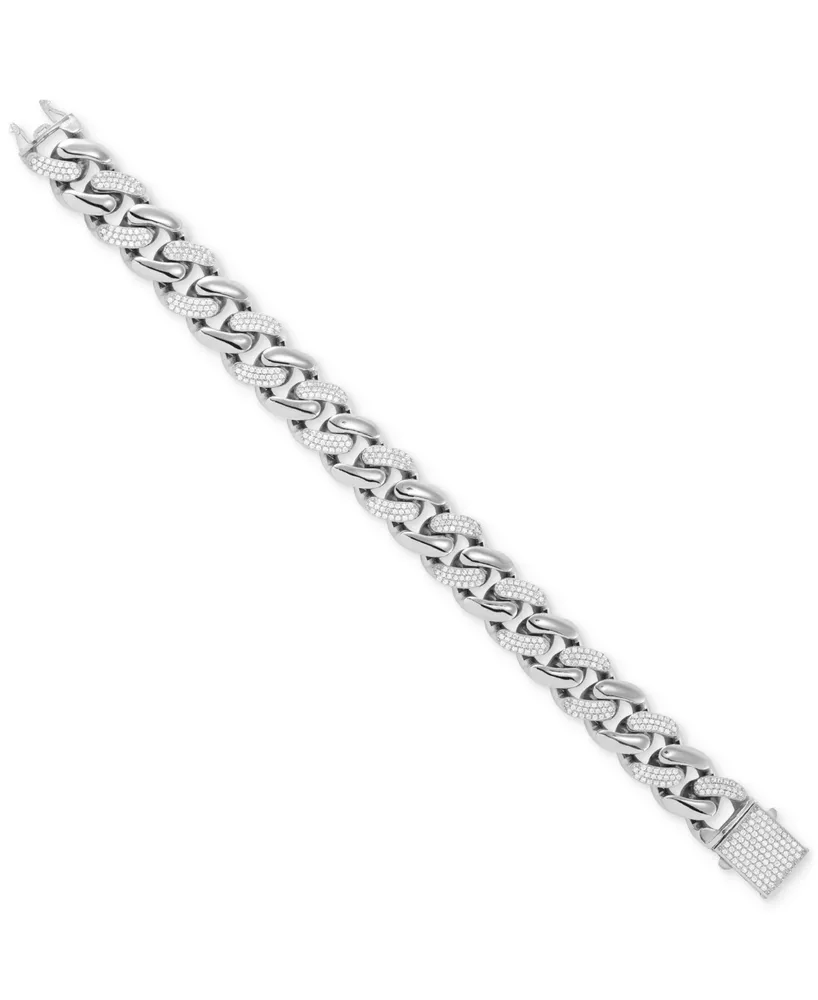 Men's Cubic Zirconia Pave Curb Link Chain Bracelet in Sterling Silver