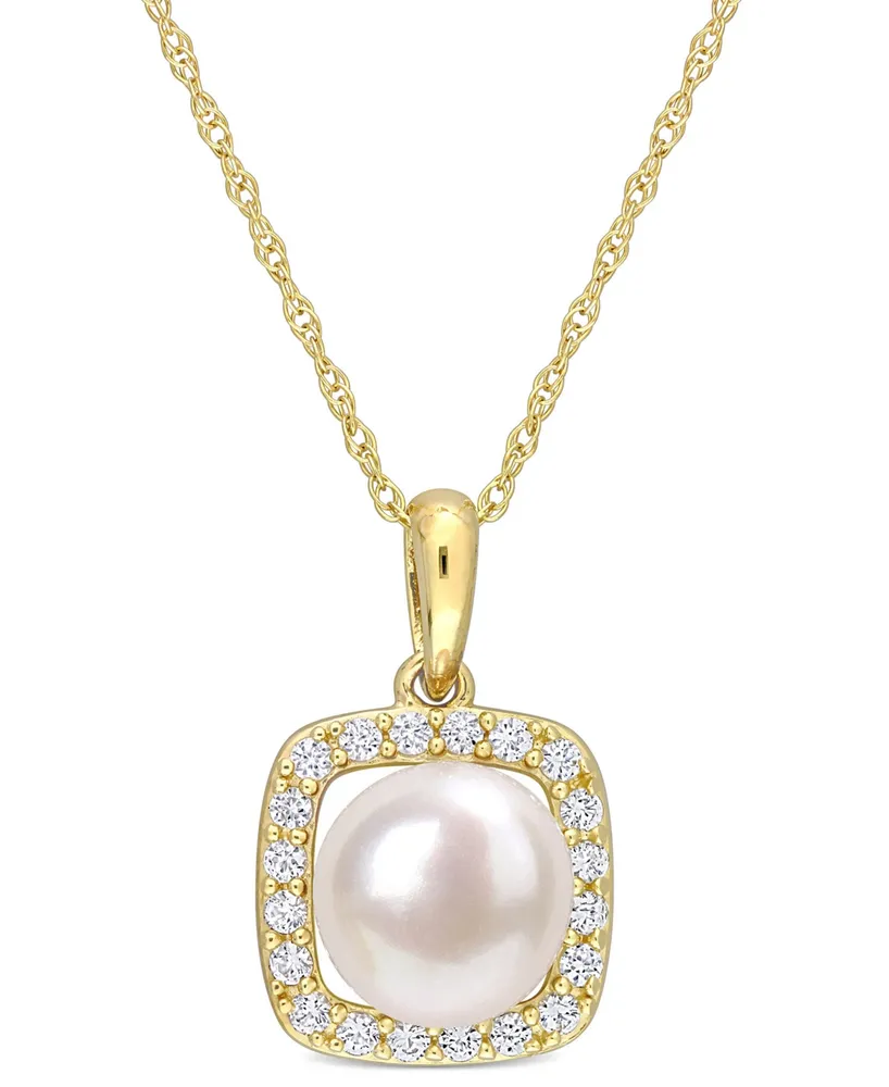 Cultured Freshwater Pearl (7mm) & Lab-Created White Sapphire (1/5 ct. t.w.) Square Halo 17" Pendant Necklace in 10k Gold