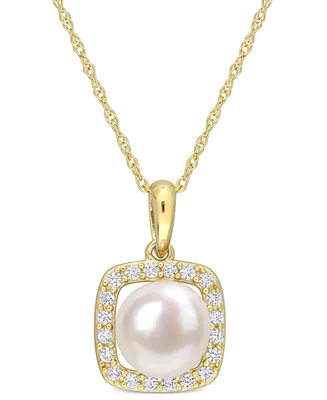 Cultured Freshwater Pearl (7mm) & Lab-Created White Sapphire (1/5 ct. t.w.) Square Halo 17" Pendant Necklace in 10k Gold