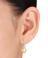 Cultured Golden South Sea Oval Pearl (9mm) & Diamond (1/2 ct. t.w.) Dangle Huggie Hoop Earrings in 14k Gold