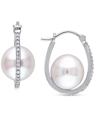 Cultured Freshwater Pearl (9-1/2mm) & Diamond (1/7 ct. t.w.) Oval Hoop Earrings in 10k White Gold