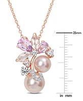 Pink Cultured Freshwater Pearl (7 & 8-1/2mm) & Multi-Gemstone (2-1/3 ct. t.w.) Flower Cluster 18" Pendant Necklace in 18K Rose Gold-Plated Sterling Si