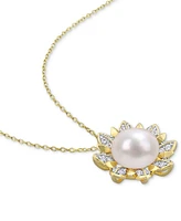 Cultured Freshwater Pearl (8-1/2mm) & White Topaz (1 ct. t.w.) Flower 18" Pendant Necklace in Gold-Tone Plated Sterling Silver