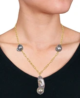 Gray Cultured Freshwater Baroque Pearl (13 & 35mm) 20" Paperclip Necklace in 18k Gold-Plated Sterling Silver