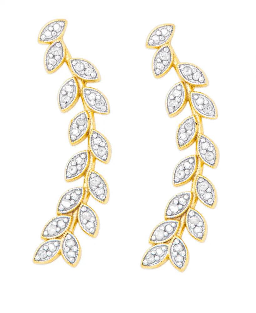 Diamond Accent Leaf Ear Climber Earrings in 14K Gold Plate and Fine Silver Plate - Gold