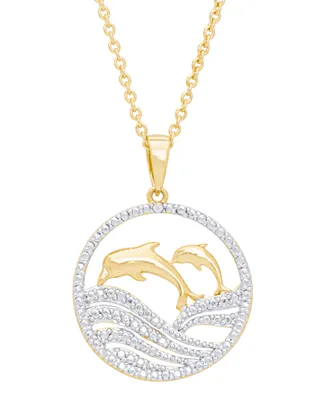 Diamond Accent Dolphin Family Pendant 18" Necklace in 14K Gold Plate