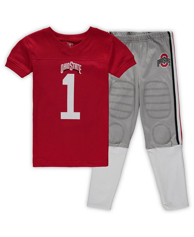 Preschool Boys and Girls Wes & Willy Scarlet Ohio State Buckeyes Football V-Neck T-shirt and Pants Sleep Set