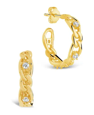 Cubic Zirconia Studded Figaro Link Hoop Earrings - Gold