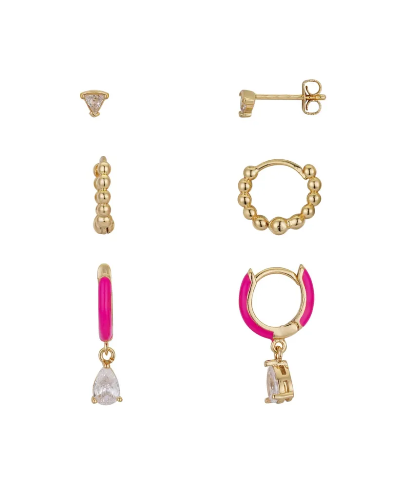 Unwritten 14K Gold Flash-Plated 3-Pieces Cubic Zirconia and Pink Enamel  Earring Set