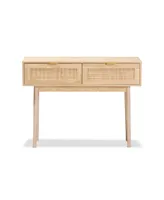 Baird Mid-Century Modern Finished Wood and Rattan 2 Drawer Console Table