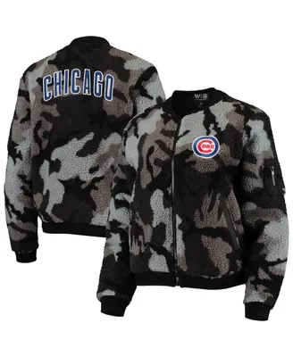 Women's The Wild Collective Black Chicago Cubs Camo Sherpa Full-Zip Bomber Jacket