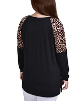 Plus Long Raglan Sleeve Tunic Top with Animal Print Insets