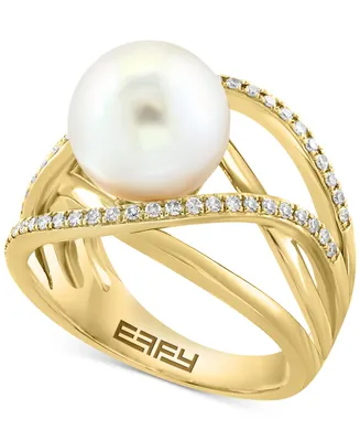 Effy Cultured Freshwater Pearl (11mm) & Diamond (1/4 ct. t.w.) Open Statement Ring in 14k Gold