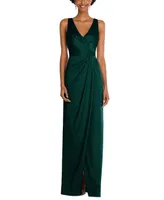 After Six Women's Faux Wrap Whisper Satin Maxi Dress with Draped Tulip Skirt