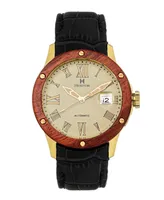 Heritor Automatic Everest Wooden Bezel Black or Blue Genuine Leather Band Watch, 47mm - Gold