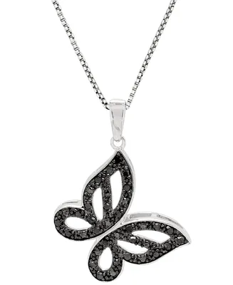 Black Diamond Pave Butterfly 18" Pendant Necklace (1/6 ct. t.w.) in Sterling Silver