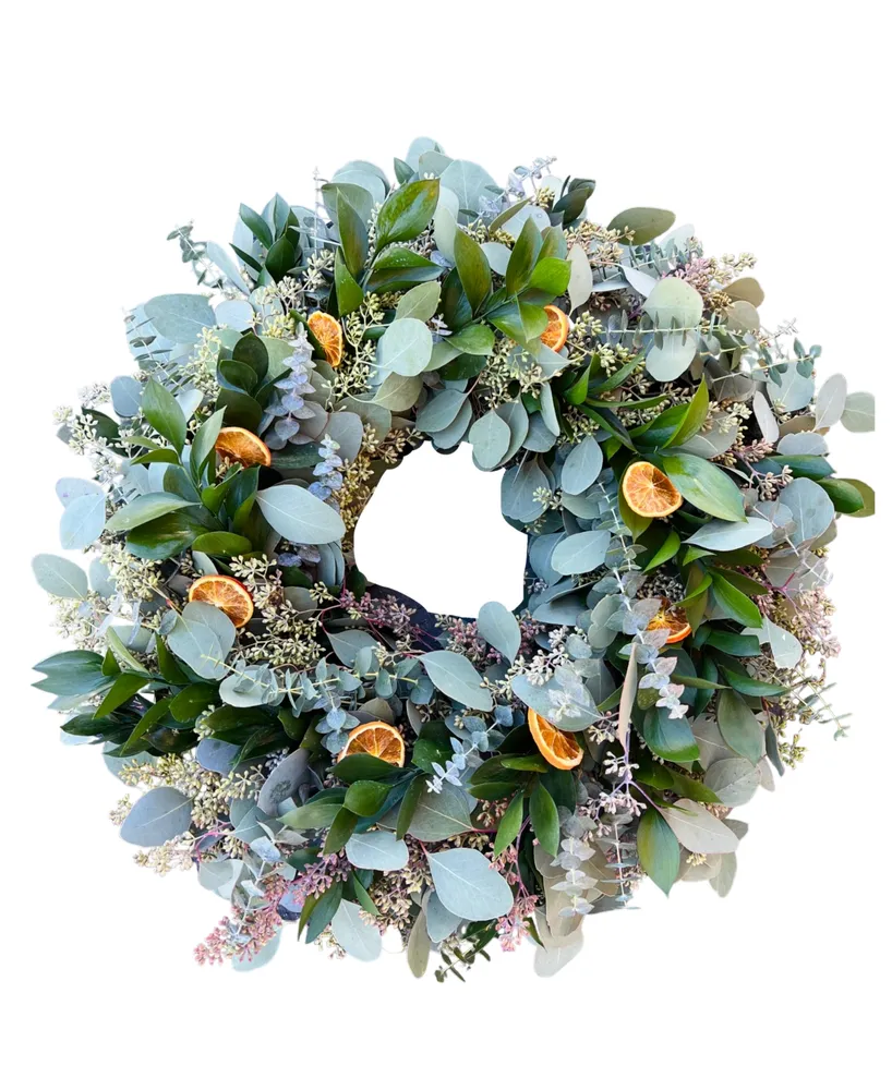 GreenishBlu Eucalyptus, Ruscus, Baby Blue Eucalyptus and Oranges Fresh Spring Wreath, 20"