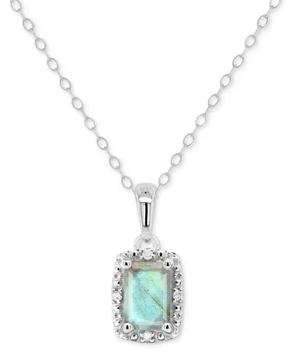Labradorite & Diamond Accent Rectangle 18" Pendant Necklace Sterling Silver (Also Onyx, Turquoise)