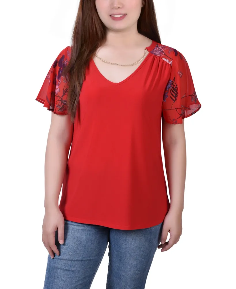 Ny Collection Petite Printed Chiffon Sleeve V-neck Necklace Top