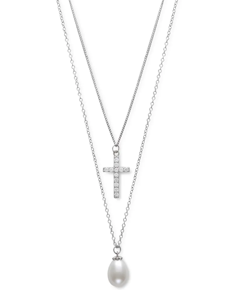 Cultured Freshwater Pearl (8mm) & Cubic Zirconia Cross Layered Necklace in Sterling Silver, 16" + 1" extender