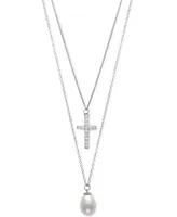 Cultured Freshwater Pearl (8mm) & Cubic Zirconia Cross Layered Necklace in Sterling Silver, 16" + 1" extender