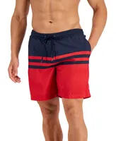 Club Room Men's Quick-Dry Performance Colorblocked Stripe 7" Swim Trunks, Created for Macy's