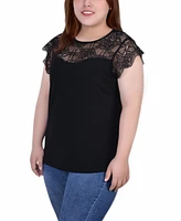 Ny Collection Plus Short Sleeve Lace and Crepe Top