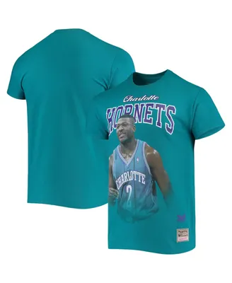 Men's Mitchell & Ness Larry Johnson Teal Charlotte Hornets Hardwood Classics Courtside Player T-shirt