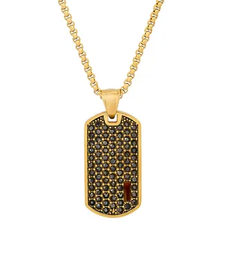 Steeltime Men's 18k Gold Plated Stainless Steel Simulated Diamonds and Tiger Eye Dog Tag Pendant